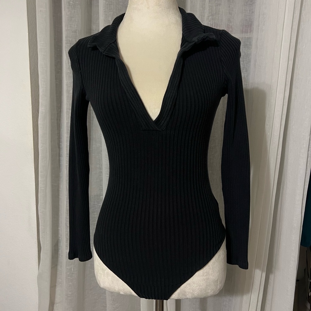 Reformation Black Deep V Ribbed Bodysuit